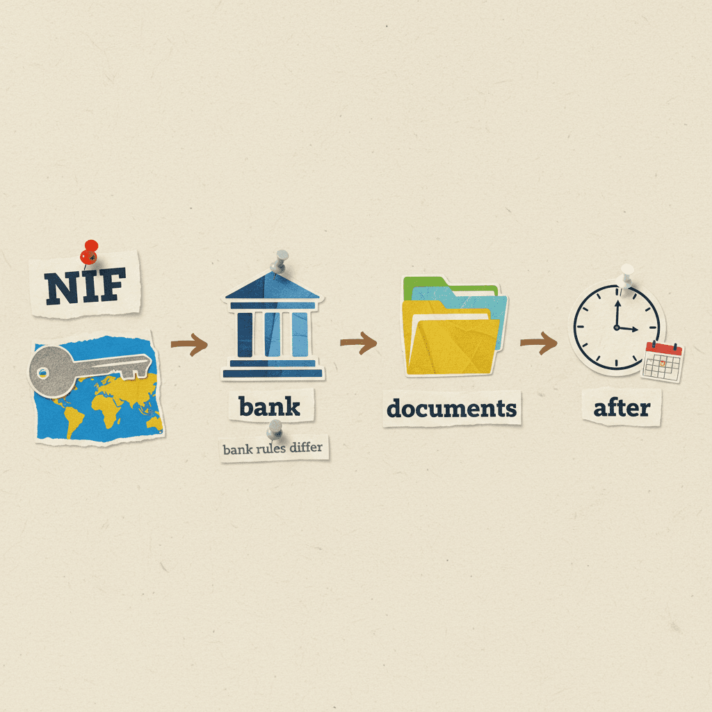 Paper-collage sequence visual showing NIF, bank, documents and later follow-up steps in one horizontal route.