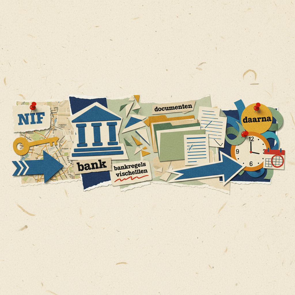 Papieren volgordevisual met NIF, bank, documenten en latere vervolgstappen in een horizontale route.