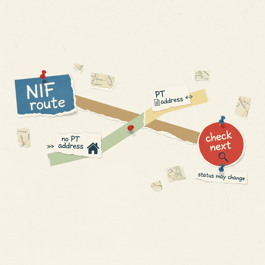 Paper-collage route visual showing a NIF path splitting between having or not having a Portuguese address and rejoining at a later check step.