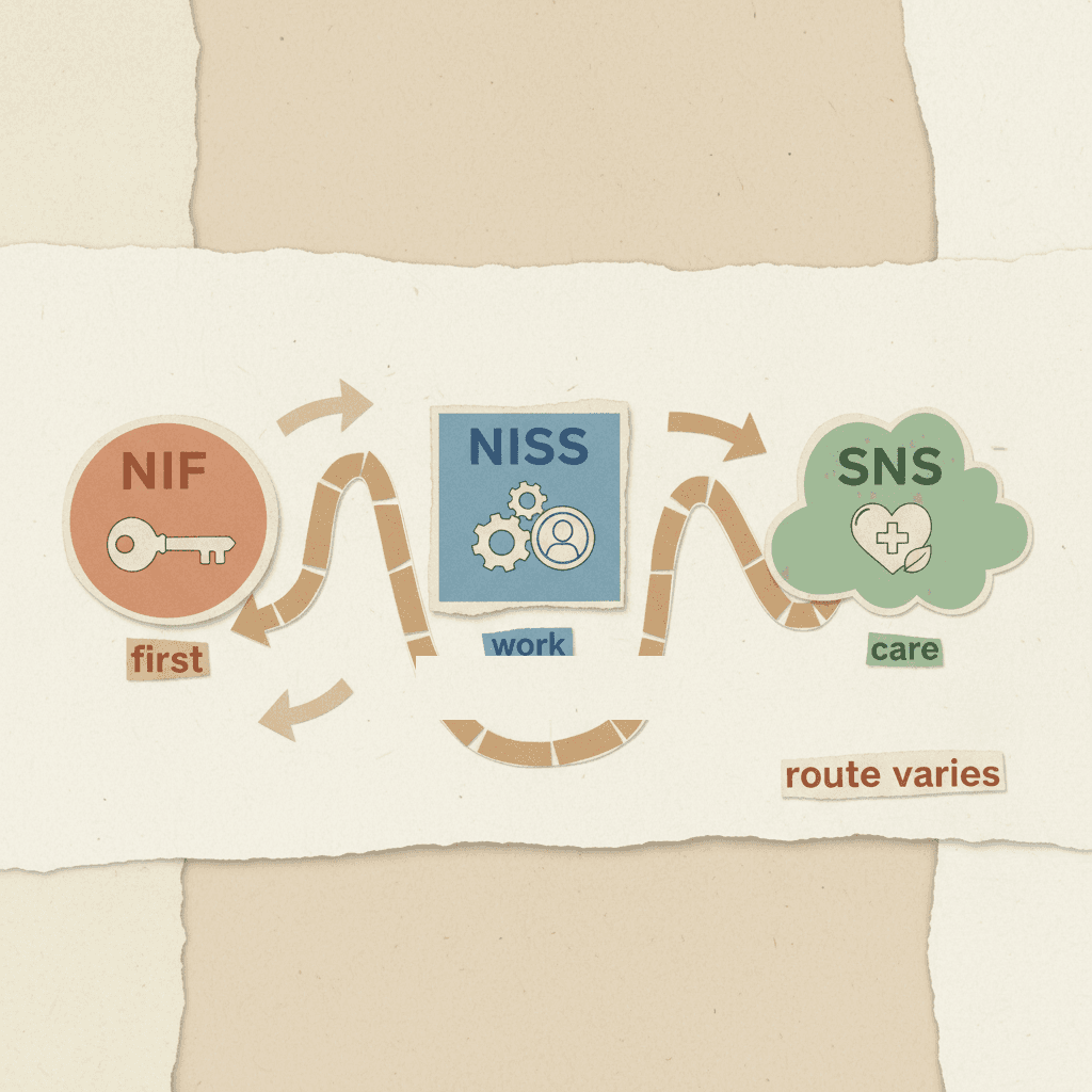 Paper-collage route visual showing NIF, NISS and SNS as three different steps in a relocation route.