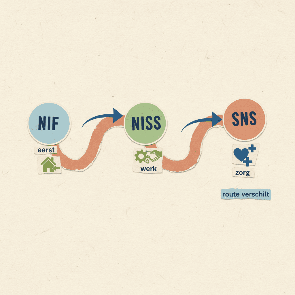 Papieren routevisual die NIF, NISS en SNS als drie verschillende stappen in een verhuisroute toont.