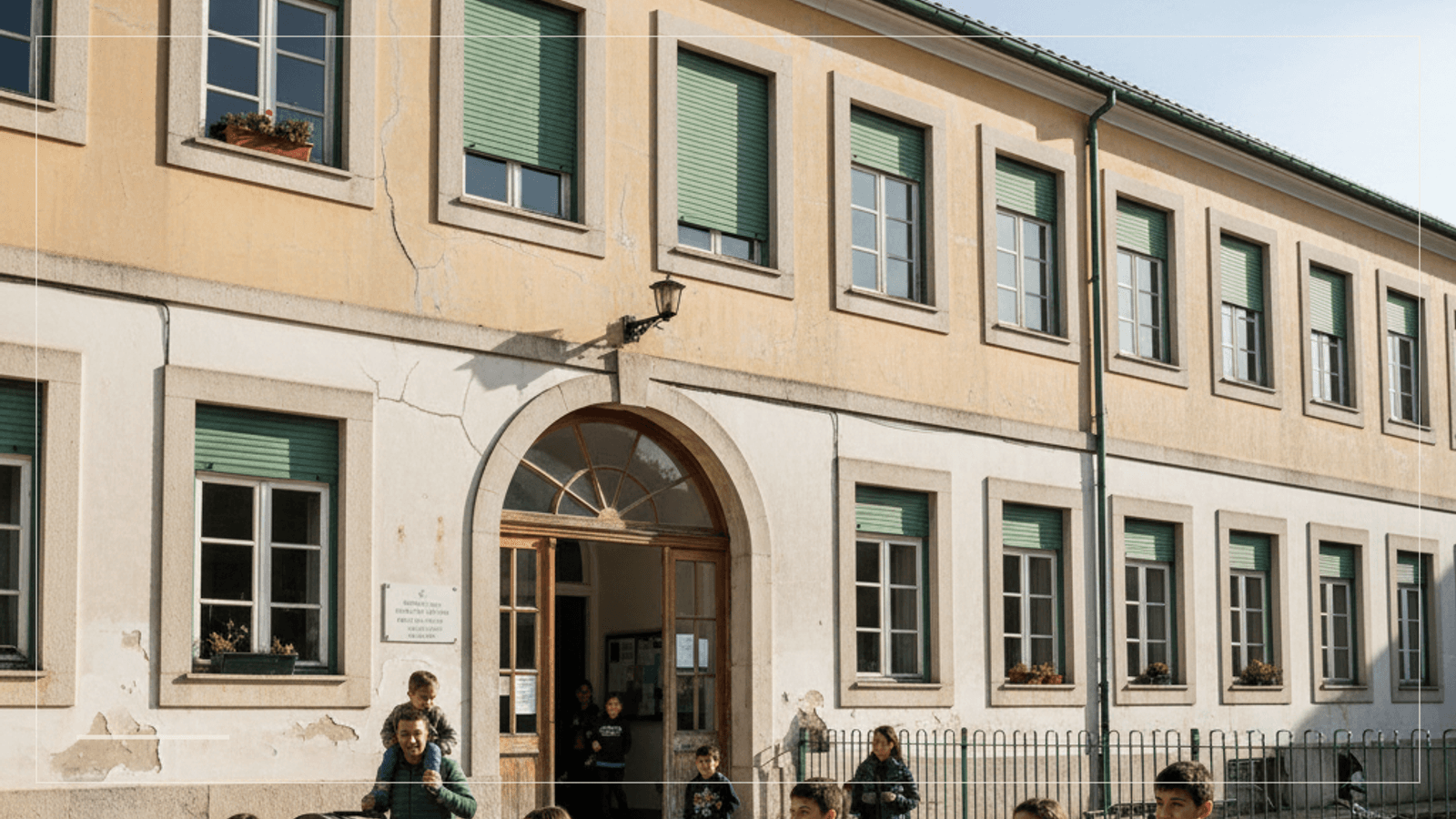 Children and a parent arriving at a public school building in Portugal during morning drop-off, with the school exterior clearly visible.
