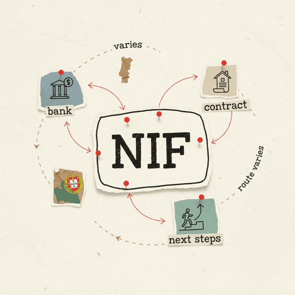 Paper-collage route visual with NIF as the starting key and bank, contract and follow-up steps around it.