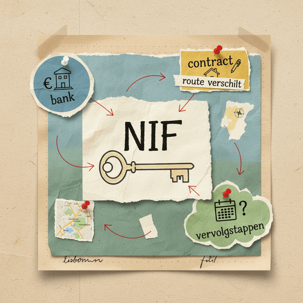 Papieren routevisual met NIF als startsleutel en bank, contract en vervolgstappen daaromheen.