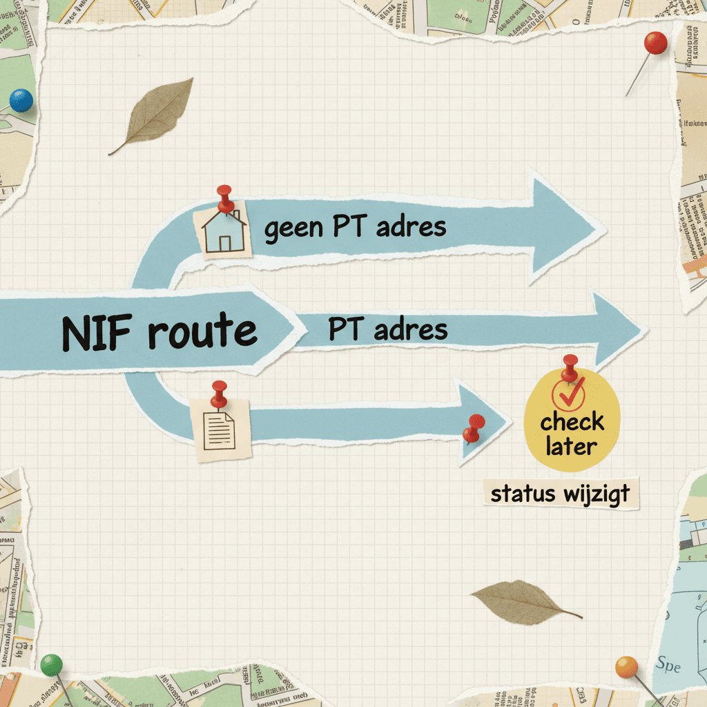 Papieren routevisual die een NIF-route splitst tussen wel of geen Portugees adres en een latere check.